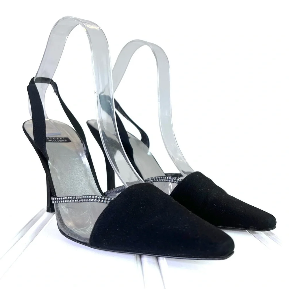 STUART WEITZMAN BLACK RHINESTONE HEELS SLINGBACK  HEELS VINTAGE WOMEN SIZS 8 - Picture 12 of 12